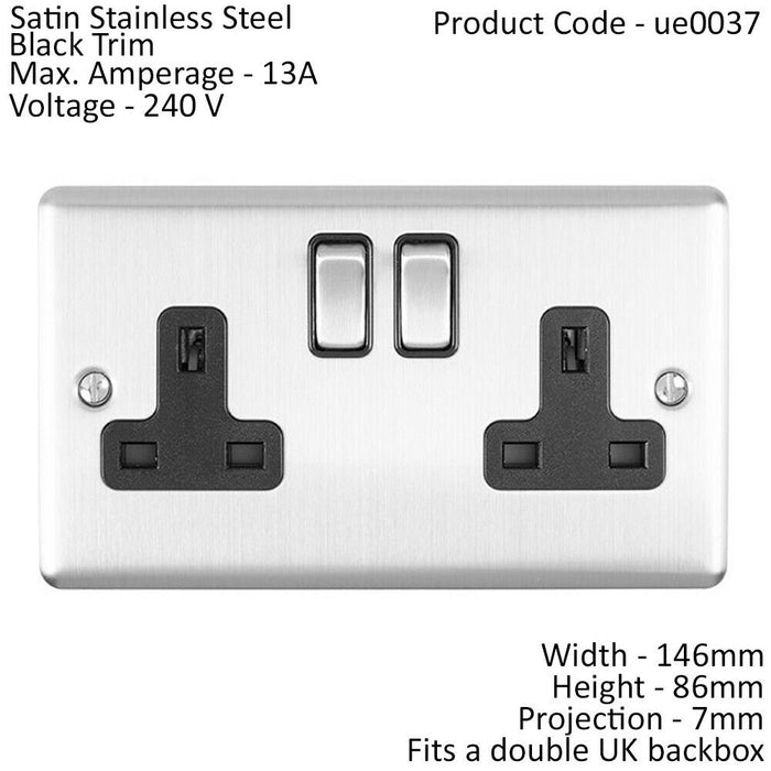 2 Gang Double UK Plug Socket SATIN STEEL 13A Switched Black Trim Power Outlet Loops