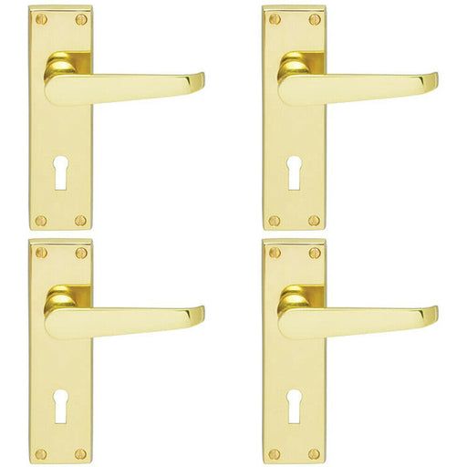 4x PAIR Victorian Flat Lever on Lock Backplate Handle 150 x 42mm Polished Brass Loops