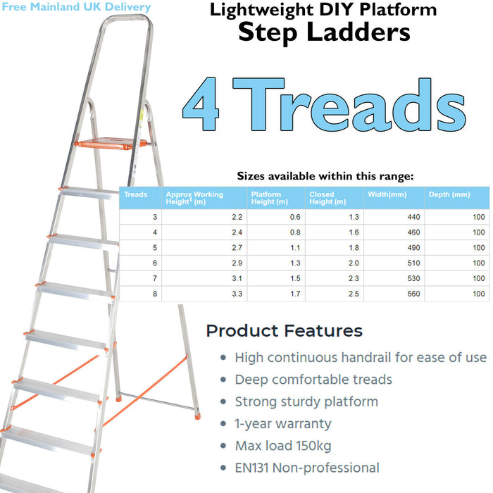 0.8m Lightweight Aluminium Platform Step Ladders 4 Tread Anti Slip DIY Steps Loops