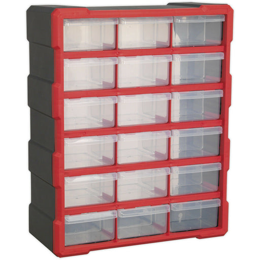 375 x 165 x 470mm 18 Drawer Parts Cabinet - RED - Wall Mounted / Standing Box Loops