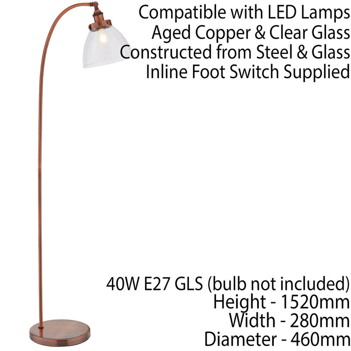 Curved Arm Floor Lamp Aged Copper Tall Free Standing Metal Retro Reading Light Loops