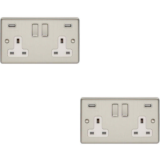 2 PACK 2 Gang Single UK Plug Socket & 2.1A USB SATIN STEEL & White 13A Switched Loops