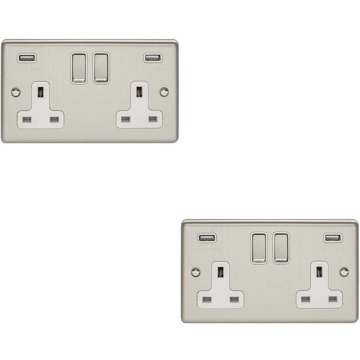 2 PACK 2 Gang Single UK Plug Socket & 2.1A USB SATIN STEEL & White 13A Switched Loops