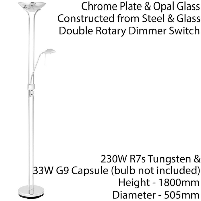 Mother & Child Floor Lamp Chrome Glass 1.8m Twin Light Dimmer Flexible Reading Loops