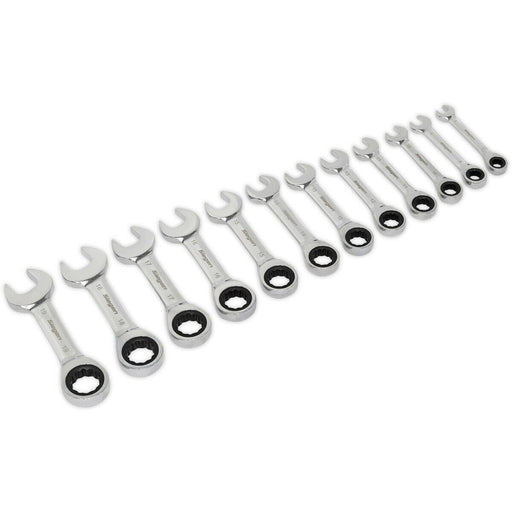 12pc STUBBY Short Ratchet Combination Spanner Set 12 Point Metric Ring Open Head Loops