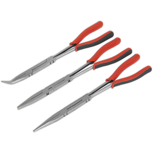 3 Piece Long Reach Double Joint Pliers Set - Straight Flat & Angled Pliers Loops