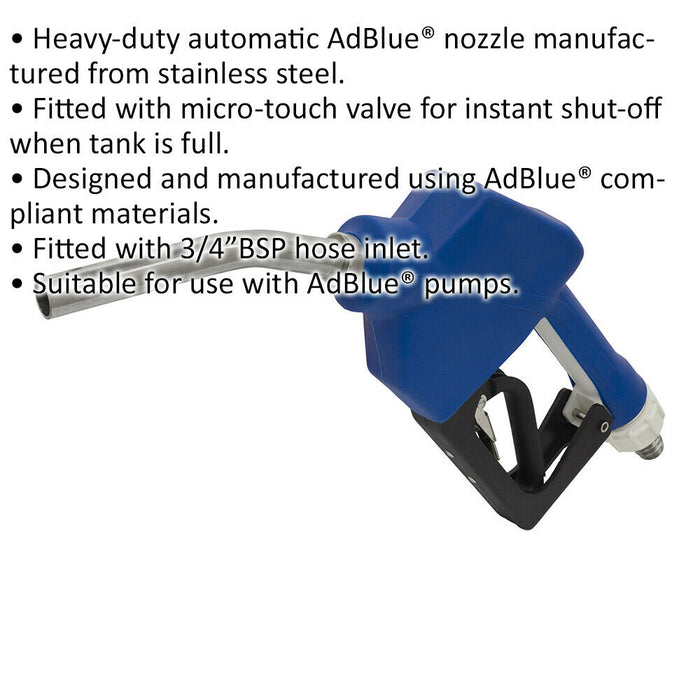 AdBlue Automatic Delivery Nozzle - 3/4" BSP Hose Inlet - Stainless Steel Loops