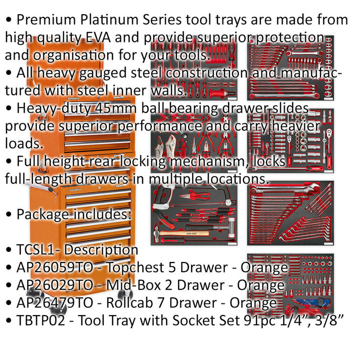 14 Drawer Topchest Mid Box & Rollcab Bundle with 446 Piece Tool Kit - Orange Loops