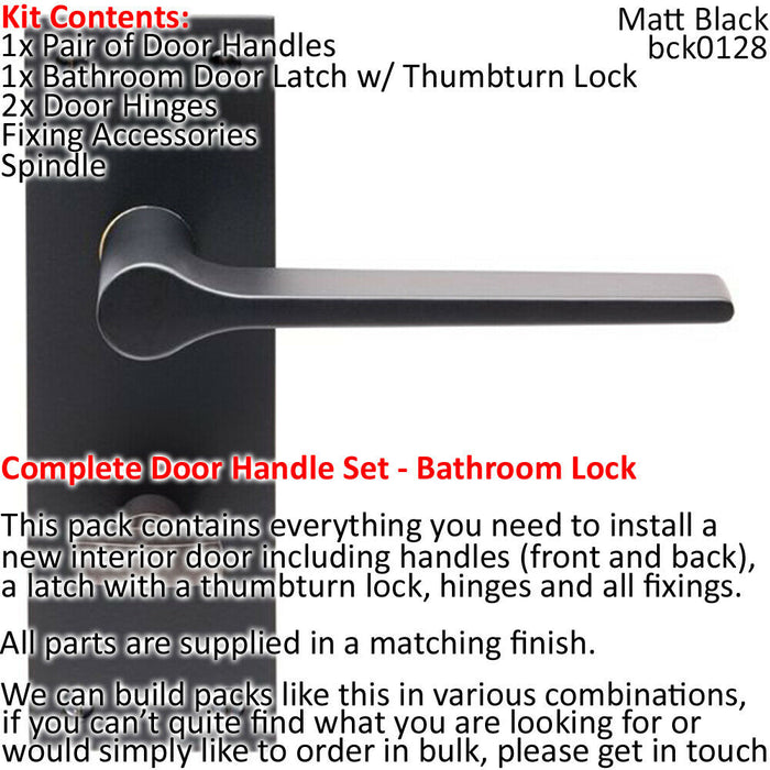 Door Handle & Bathroom Lock Pack Matt Black Flat Lever Thumb Turn Backplate Loops