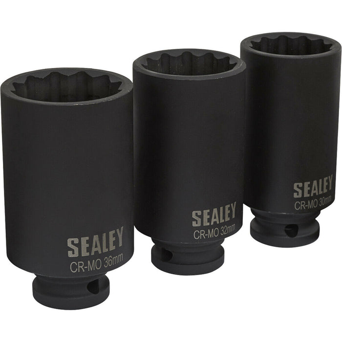 3 PACK - 30mm 32mm 36mm DEEP Impact Socket Set - 1/2" Square Drive - 12 Point Loops