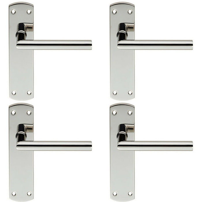 4x Mitred Lever Door Handle on Latch Backplate 172 x 44mm Polished Steel Loops