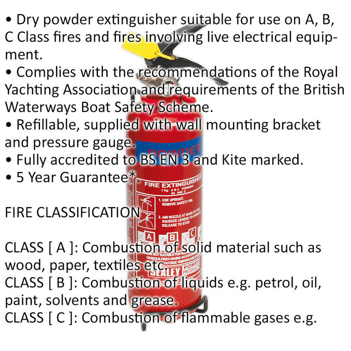 1kg Refillable Dry Powder Fire Extinguisher - Mounting Bracket - Pressure Gauge Loops