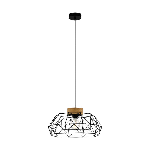 Hanging Ceiling Pendant Light Black Geometric Cage & Wood 1x E27 Bulb Feature Loops