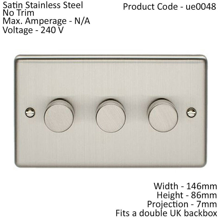 3 Gang 400W 2 Way Rotary Dimmer Switch SATIN STEEL Light Dimming Wall Plate Loops