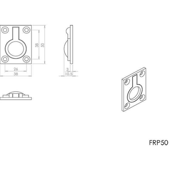 2x Flush Ring Recessed Pull Handle 50 x 38mm 8mm Depth Satin Chrome Loops