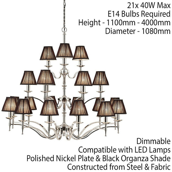 Avery Ceiling Pendant Chandelier Light 21 Lamp Bright Nickel & Black Pleat Shade Loops
