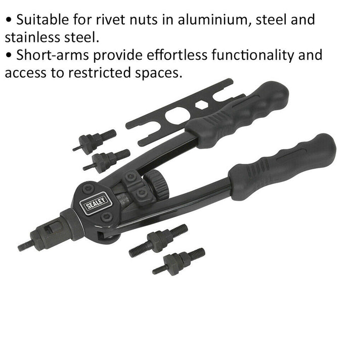 Heavy Duty Short Arm Threaded Nut Riveter - Adjustable Nozzle Compact Rivet Gun Loops