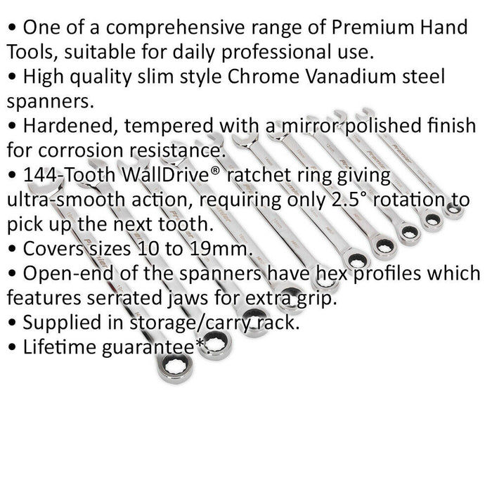 10pc EXTRA LONG Combination Hand Spanner Set - 10mm - 19mm 12 Point Slim Handle Loops