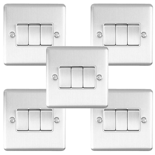 5 PACK 3 Gang Triple Metal Light Switch SATIN STEEL 2 Way 10A White Trim Loops