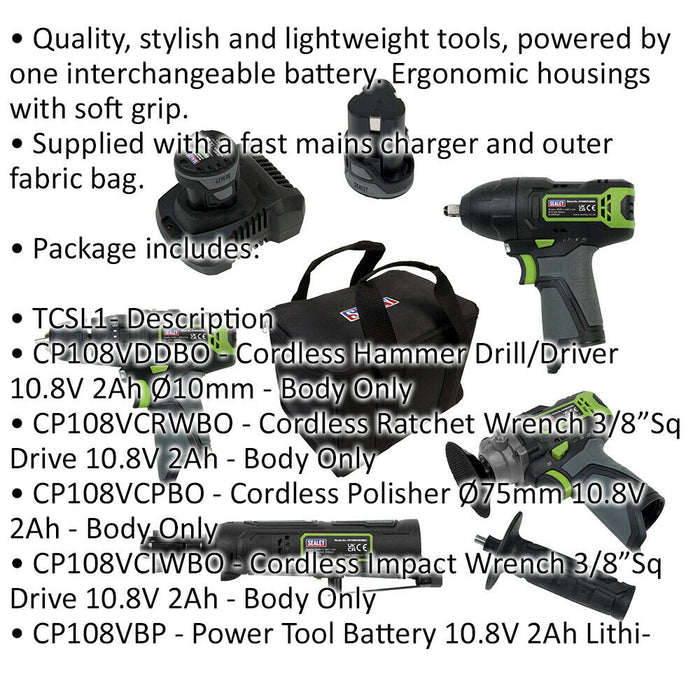 8 Piece 10.8V Cordless Power Tool Bundle - 2 x Batteries & Charger - Storage Bag Loops