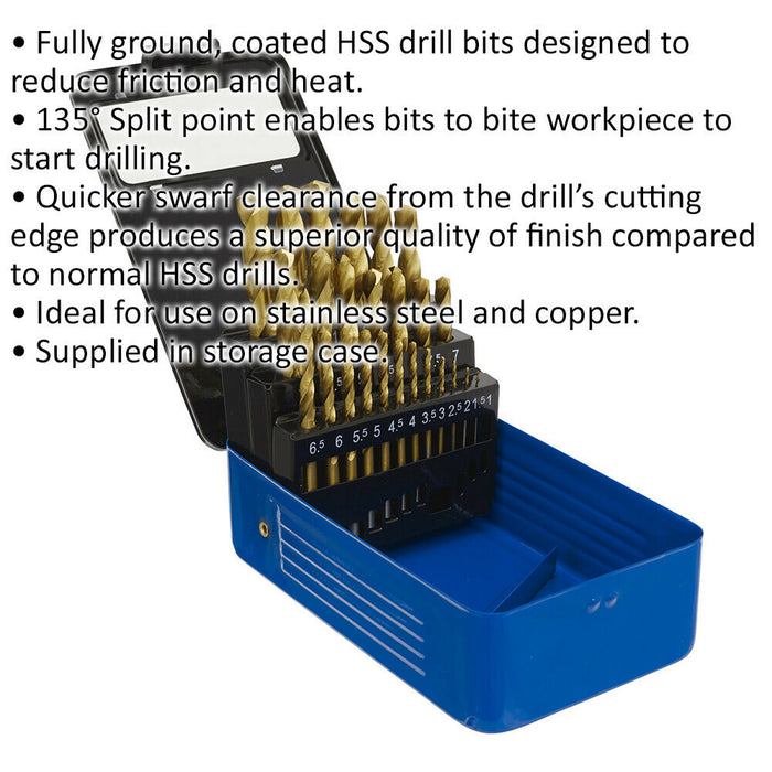 25 Piece Fully Ground HSS Drill Bit Set - 1mm to 13mm Sizes - Split Point Tip Loops