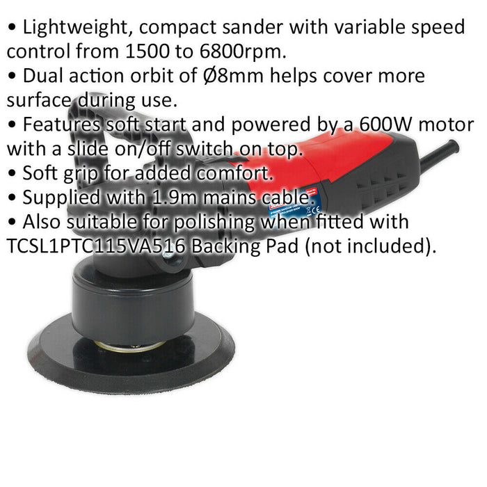 150mm Dual Action Random Orbital Sander & Polisher - 600W 230V Compact Corded Loops