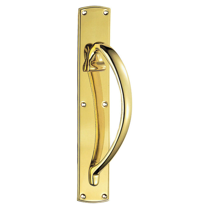 Right Handed Curved Door Pull Handle 457 x 75mm Backplate Polished Brass Loops