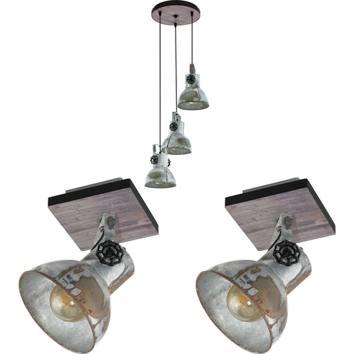 Ceiling Pendant & 2x Matching Wall Lights Industrial Raw Steel Multi Lamp Set Loops