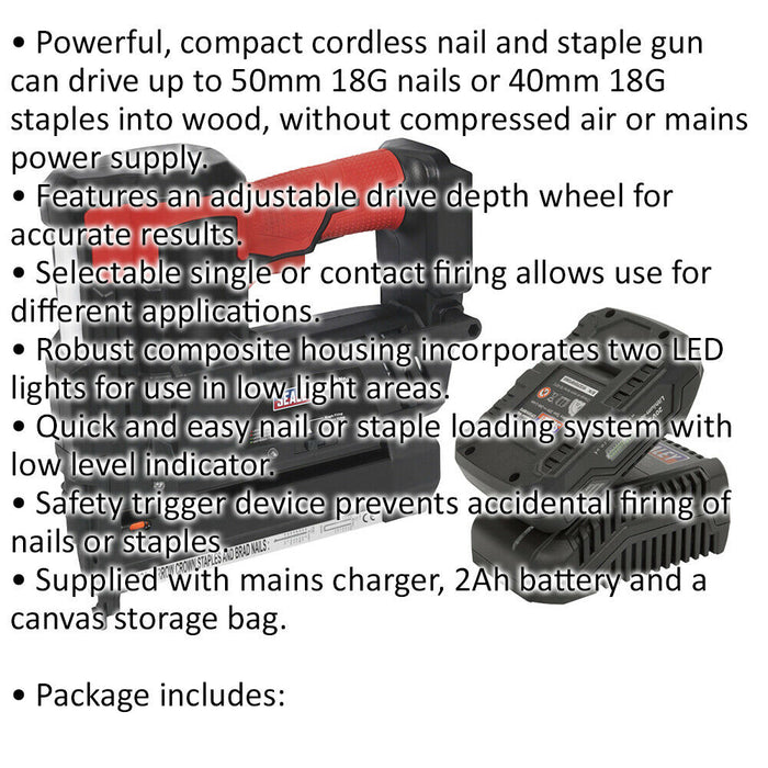 20V Cordless Nail / Staple Gun & Li-Ion Battery - 18 Gauge x 50mm Nails Wood Pin Loops