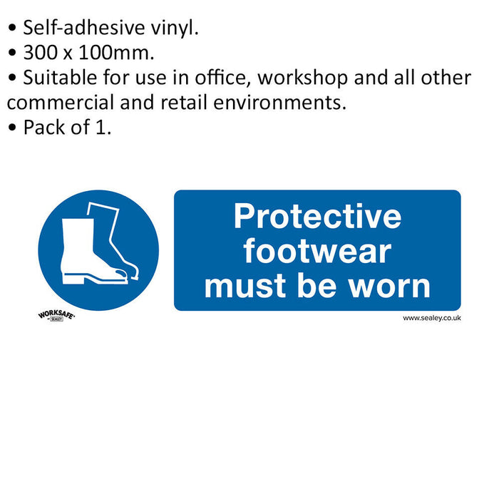 1x FOOT PROTECTION MUST BE WORN Safety Sign - Self Adhesive 300 x 100mm Sticker Loops