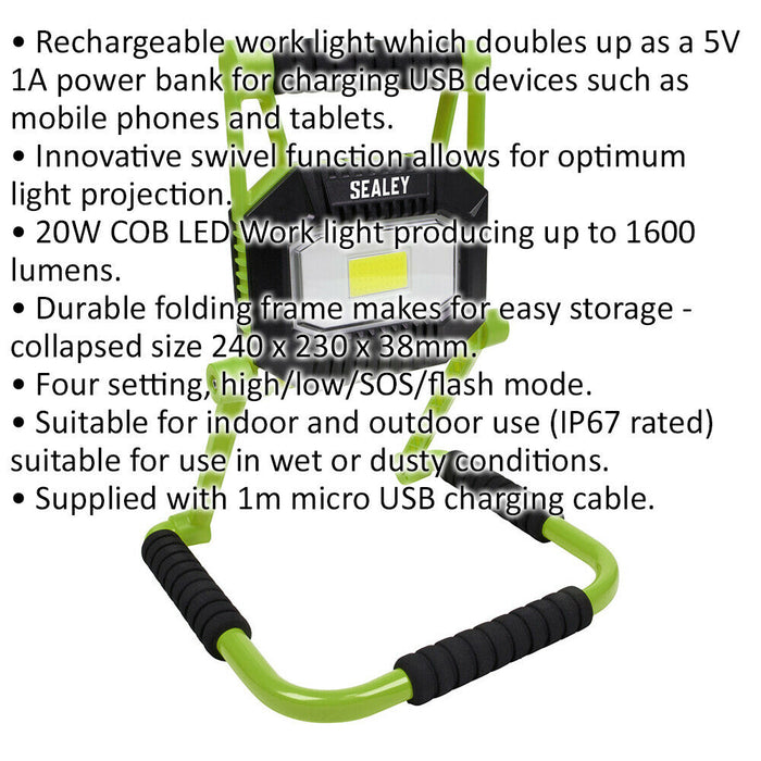 Rechargeable Portable Floodlight - 20W COB LED - IP67 Rated - Adjustable Swivel Loops