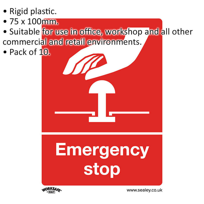10x EMERGENCY STOP Health & Safety Sign - Rigid Plastic 75 x 100mm Warning Plate Loops