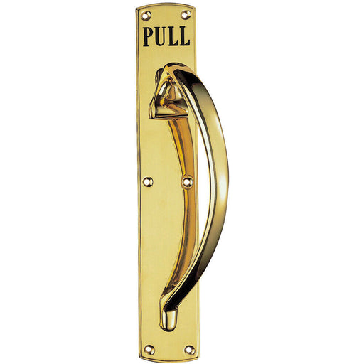 Curved Right Handed Door Pull Handle Engraved with 'Pull' Polished Brass Loops