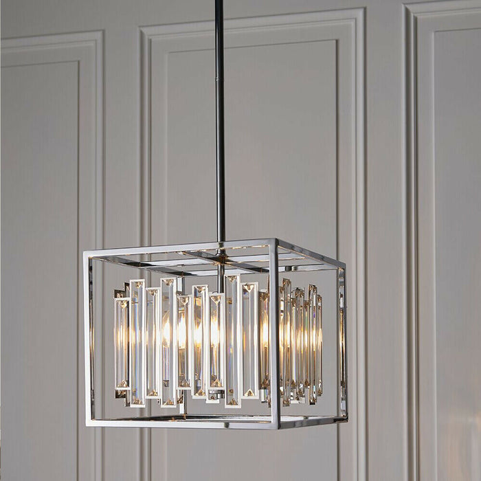 Hanging Ceiling Pendant Light Chrome & Crystal Gorgeous Modern Square Box Shade Loops