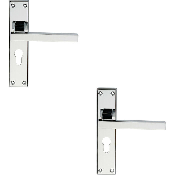 2x PAIR Straight Square Lever on Euro Lock Backplate 180 x 40mm Polished Chrome Loops