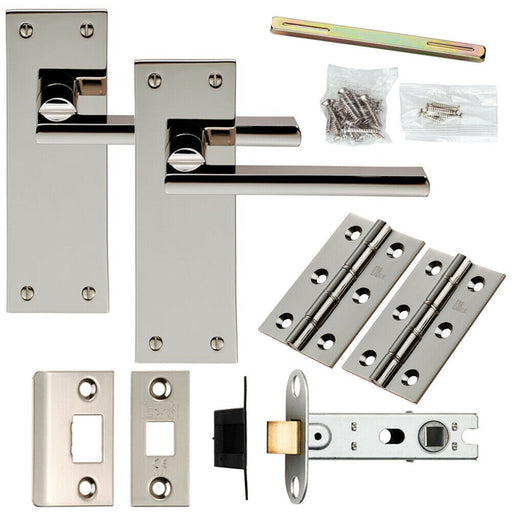 Door Handle & Latch Pack Polished Nickel Straight Flat Lever Slim Backplate Loops