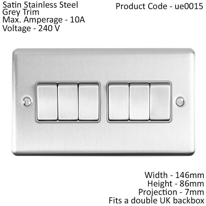 6 Gang Multi Light Switch SATIN STEEL 2 Way 10A Grey Trim & Metal Rocker Loops