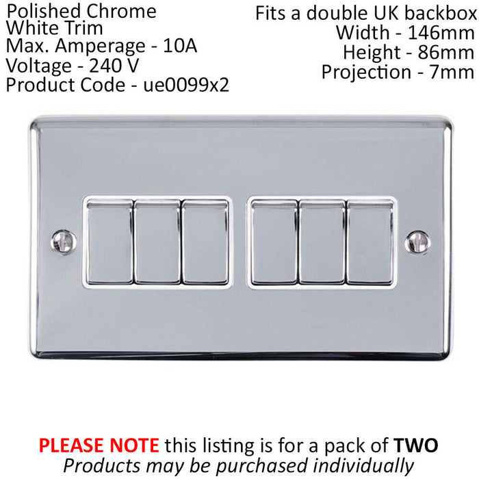 2 PACK 6 Gang Metal Multi Light Switch POLISHED CHROME 2 Way 10A White Trim Loops