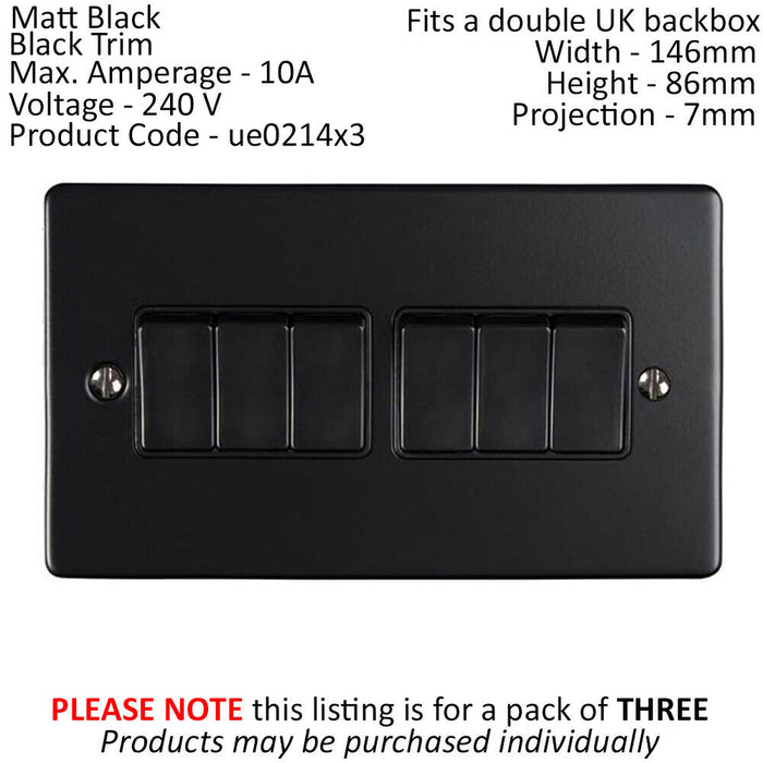 3 PACK 6 Gang Metal Multi Light Switch MATT BLACK 2 Way 10A Black Trim Loops