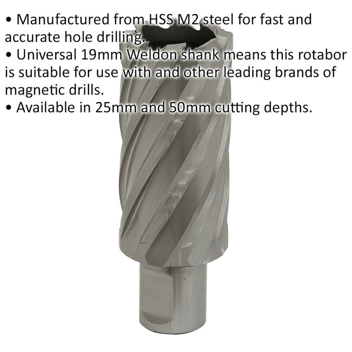 31mm x 50mm Depth Rotabor Cutter - M2 Steel Annular Metal Core Drill 19mm Shank Loops