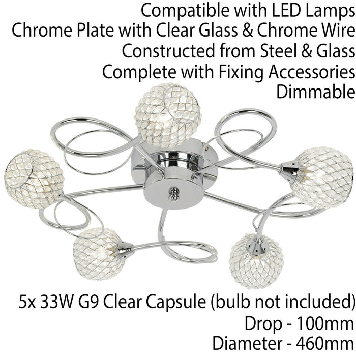 Semi Flush Ceiling Light Chrome Glass Beads 5 Bulb Hanging Pendant Lamp Shade Loops