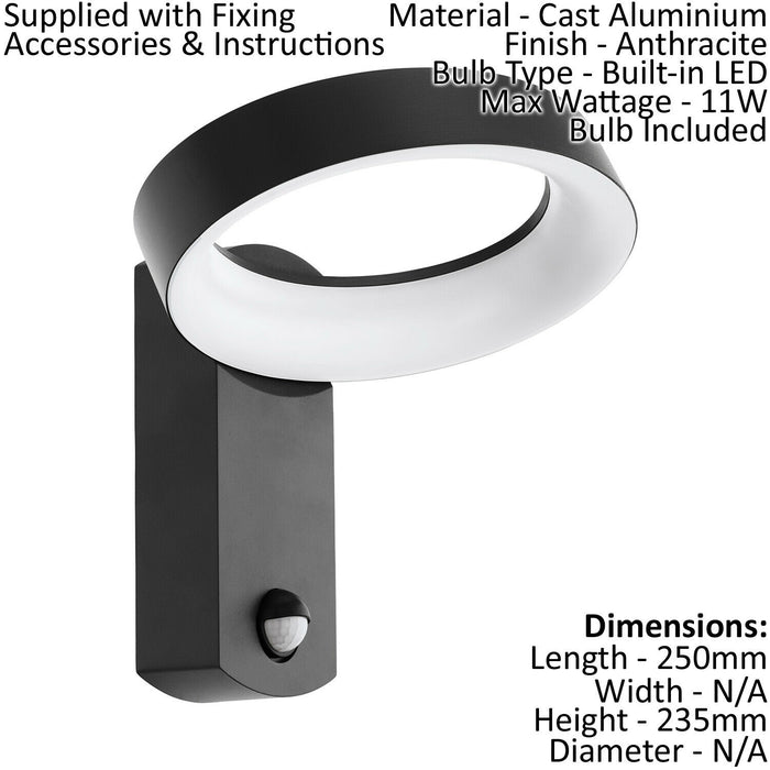 2 PACK IP44 Outdoor Wall Light & PIR Sensor Anthracite Ring Lamp 11W LED Loops