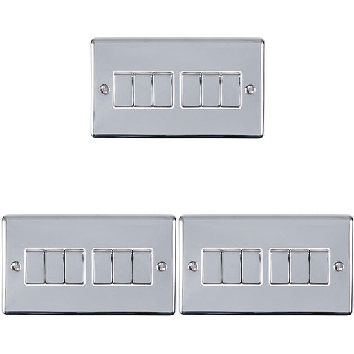 3 PACK 6 Gang Metal Multi Light Switch POLISHED CHROME 2 Way 10A White Trim Loops