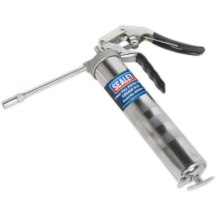 Pistol Type Grease Gun - 3-Way Fill - Rigid Delivery Tube - Die-Cast Pump Head Loops