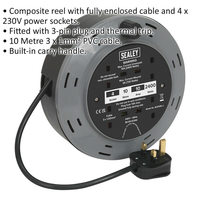 10 Metre Cassette Type Cable Reel - 4 x 230V Plug Socket Extension Lead 2400W Loops