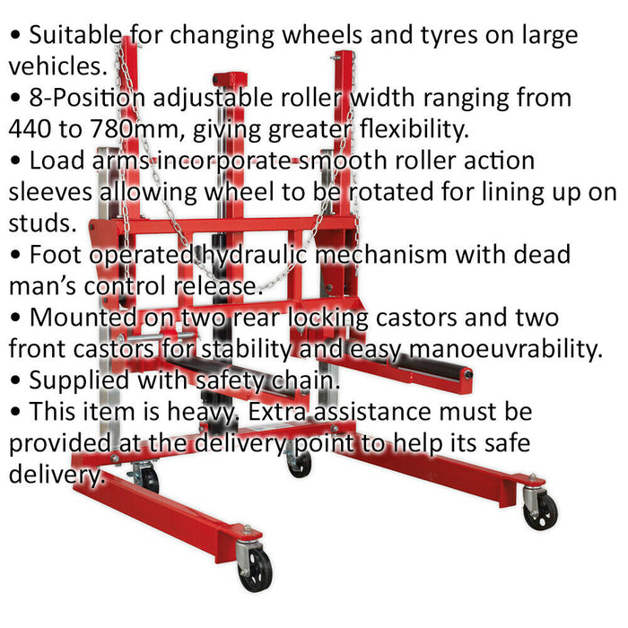 500kg Wheel Removal Trolley - Adjustable Width  & Rollers - Hydraulic Foot Pedal Loops
