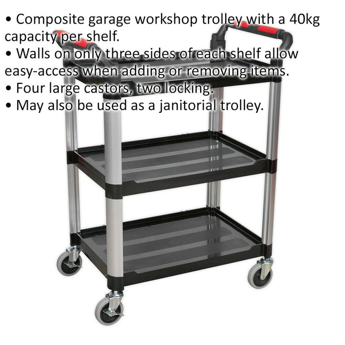 3 Level Wheeled Composite Workshop Trolley - 750 x 460 x 980mm - 40kg Per Shelf Loops