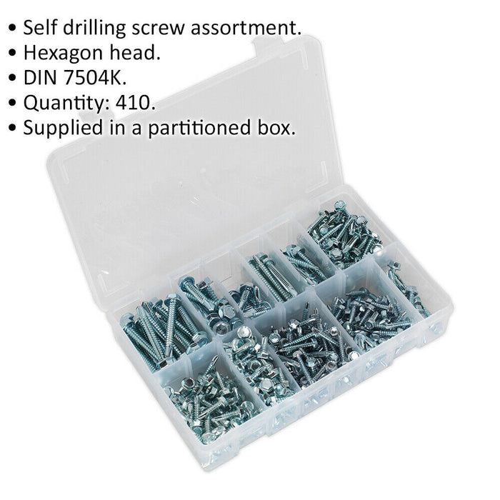 410 PACK Self Drilling Screw Assortment - Zinc Plated Hex Head - Various Sizes Loops