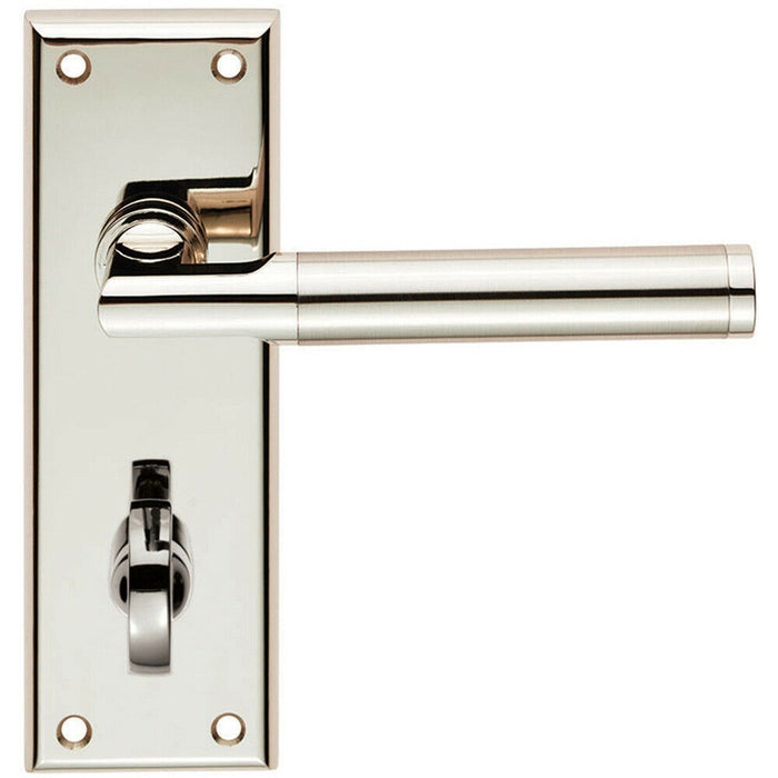 Door Handle & Bathroom Lock Pack Polished & Satin Nickel Mitred Lever Backplate Loops