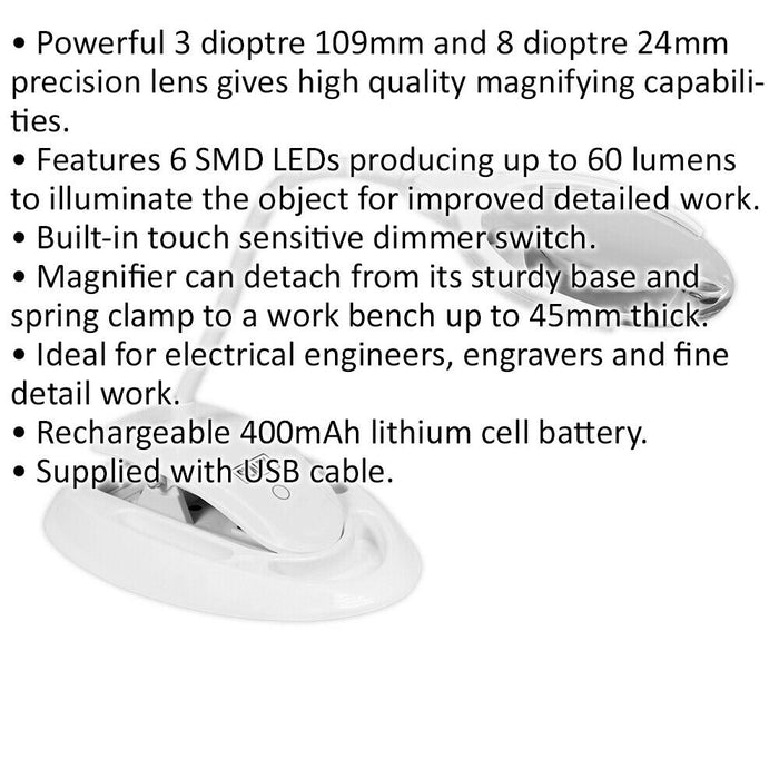 Rechargeable Dimmable LED Magnifying 109mm Work Light - Desk & Table Mounted Loops